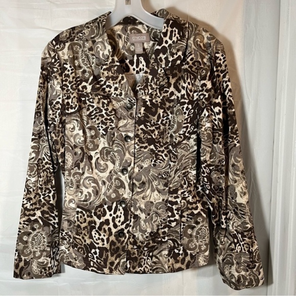 Chicos Womens Jacket Size Medium (1) Brown Animal Print Button Up Notch Collar
